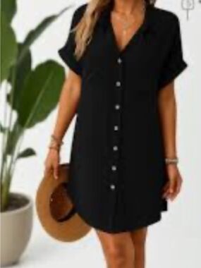Black Button-Front Shirt Dress. With pockets! NWOT